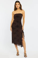 Brown Bodycon Dress Strapless Burnout