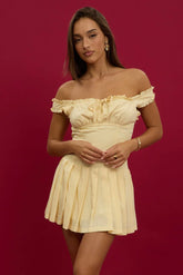 Yellow Mini Dress Pleated Skirt Gathered Bust