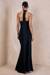 Bellora | Black Satin Halter-Neck Maxi Dress With Scarf-Detail