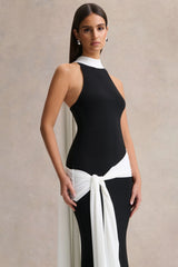 Dorinda | Black And White High-Neck Maxi Dress With Drape And Scarf-Detail