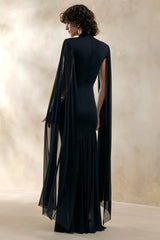 Chantelle | Black High-Neck Maxi Dress With Drop-Waist And Cape-Sleeves
