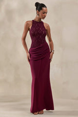 Anthelia | Burgundy Lace And Satin Racer-Neck Maxi Dress With Draped-Detail