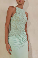 Anthelia | Mint Lace And Satin Racer-Neck Maxi Dress With Draped-Detail