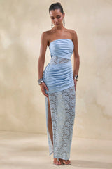 Dulcie | Powder Blue Lace And Satin Bandeau Maxi Dress With Wrap-Details