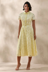 Zalie | Yellow Lace High-Neck Belted Midi Dress