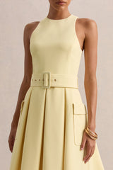 Magnora | Lemon Crew-Neck Belted Midi Dress