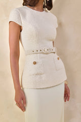 Whispera | Cream Crew-Neck Maxi Dress With Satin Skirt And Pocket-Details