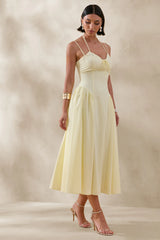 Audrey | Lemon Sweetheart-Neck Midi Dress With Ruching Detail