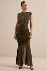 Persephone | Khaki Mesh Wrapped Maxi Skirt With Split