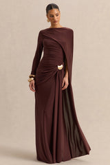 Orintha | Brown Slashed-Neck Maxi Dress With Cape And Gold-Detail
