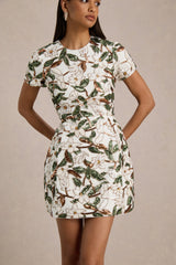 Ophelia | White And Green Embellished Sequin Floral And Mesh Mini Dress With Short Sleeves