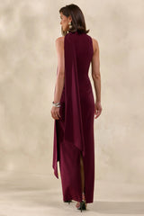 True Icon | Burgundy Satin High-Neck Maxi Slip Dress With Sash