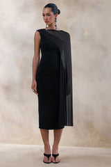 Caloria | Black Asymmetric-Neck Midi Dress With Mesh-Cape