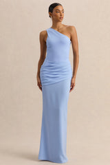 Arovia | Powder Blue Satin Asymmetric-Neck Maxi Dress With Draped-Detail
