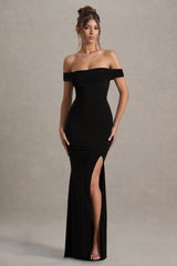 Law of Attraction | Black Bardot Draped Split Maxi Dress