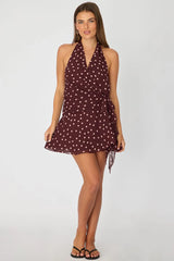 Red Polka Dot Wrap Dress Halter Neck Mini