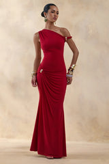Caelia | Red Asymmetric-Neck Maxi Dress With Gold-Detailing And Sash