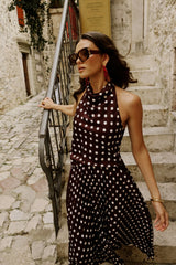 Lirona | Brown Polka-Dot Satin High-Neck Top