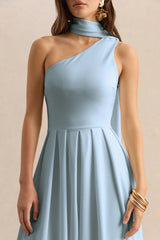 Odette | Powder Blue Asymmetric-Neck Midi Dress With Scarf