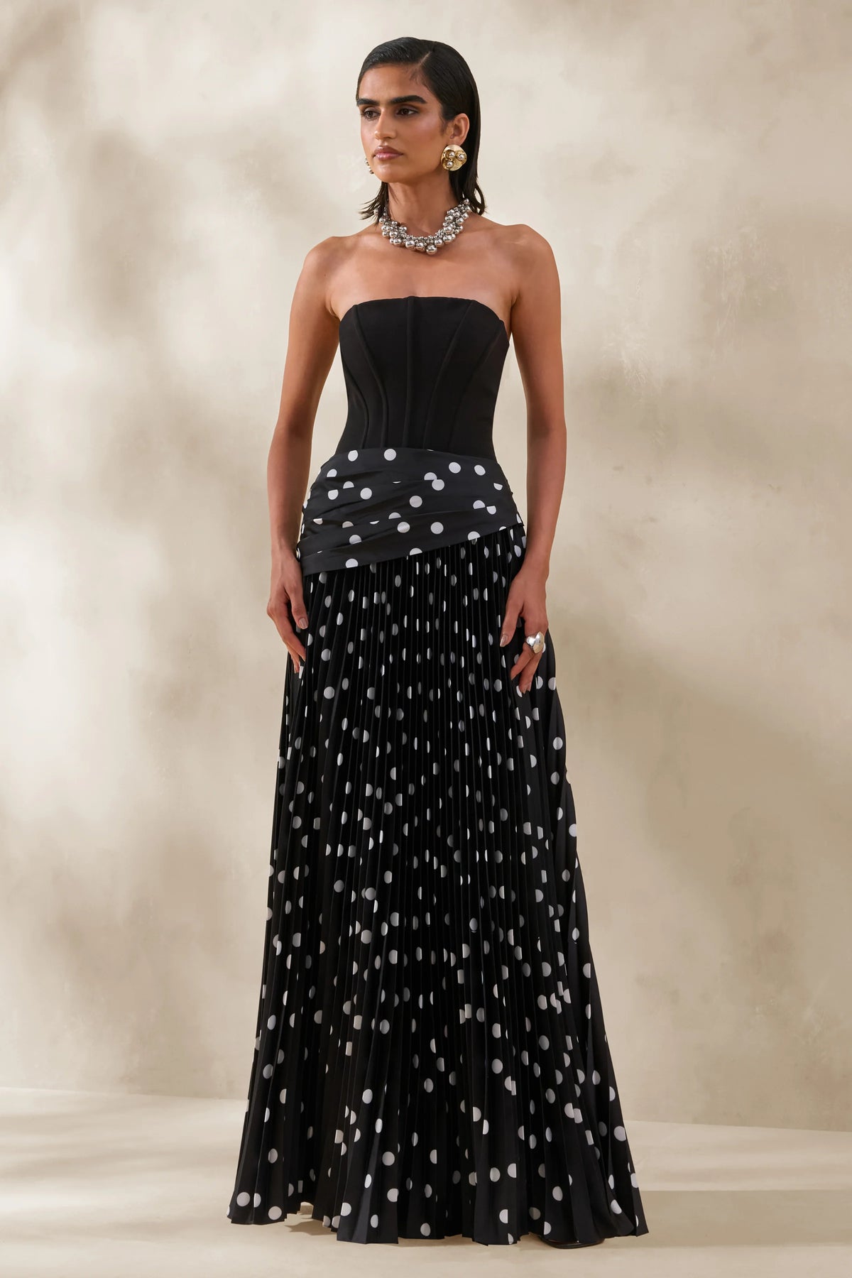 Valerisse | Black And White Polka Dot Bandeau Maxi Dress