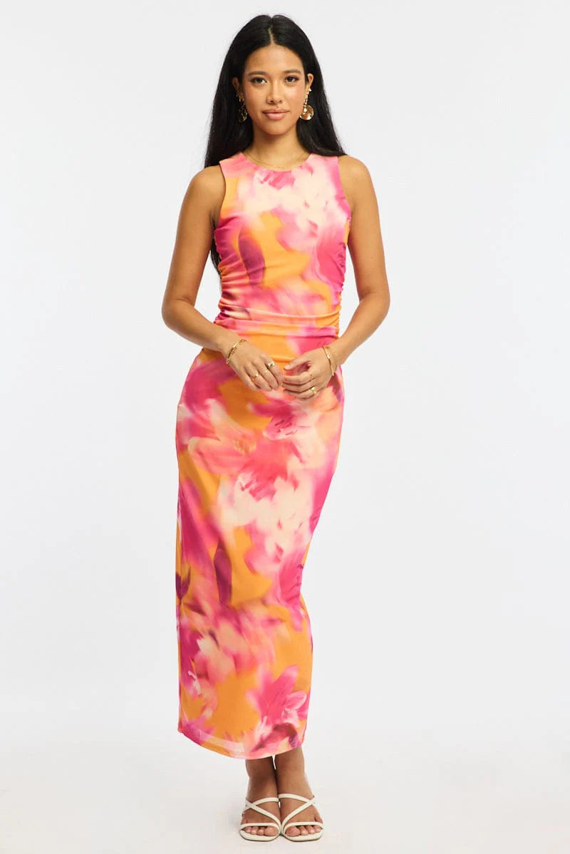 Orange Floral Bodycon Dress Sleeveless Mesh