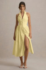 Jezebel | Yellow Lace Plunge-Neck Collared Midi Dress