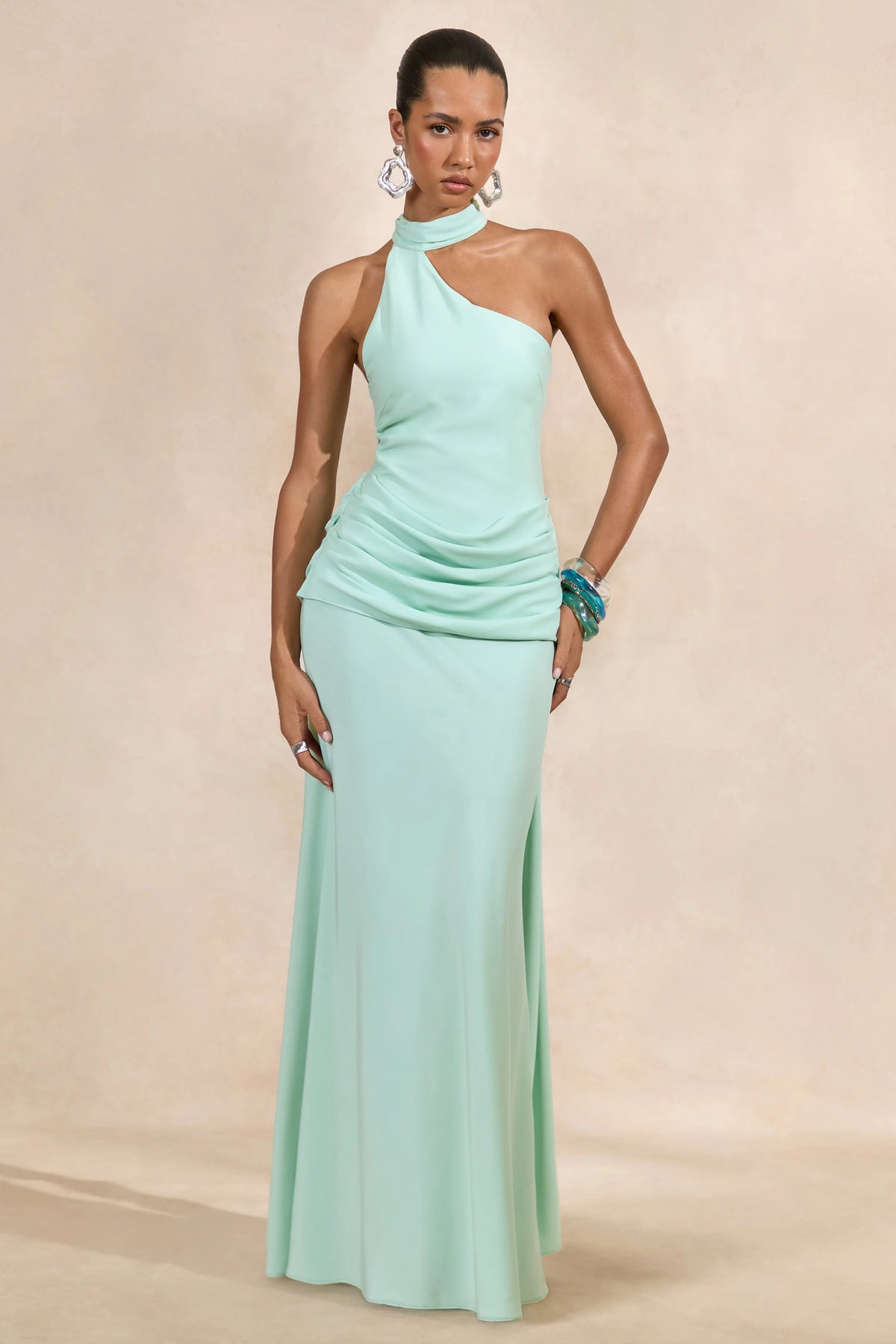 Aevina | Mint Satin Asymmetric-Neck Maxi Dress With Scarf-Detail