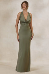 Aralisse | Khaki Satin Cowl-Neck Maxi Dress