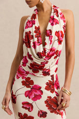 Flossie | Cream And Pink Floral Print Plunge-Neck Maxi Dress