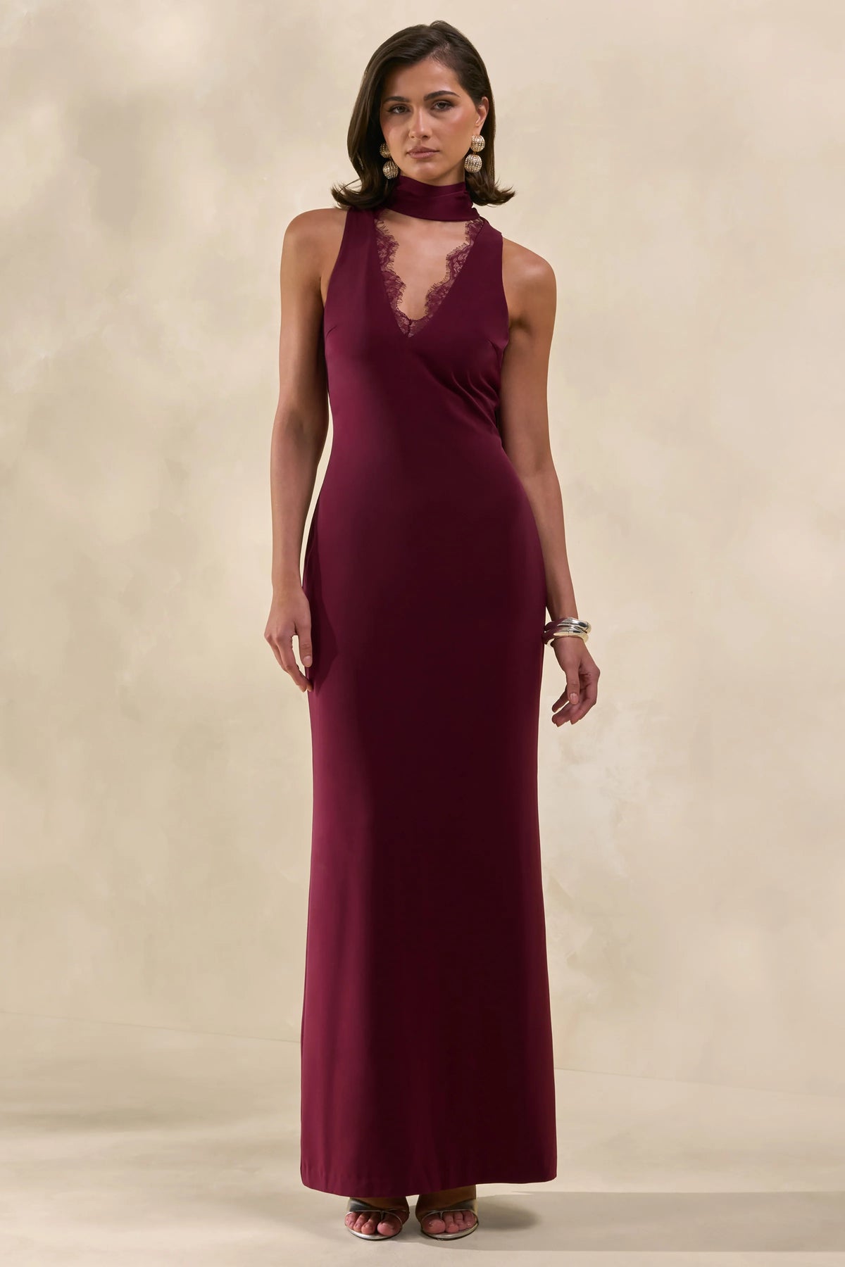 True Icon | Burgundy Satin High-Neck Maxi Slip Dress With Sash