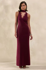 True Icon | Burgundy Satin High-Neck Maxi Slip Dress With Sash