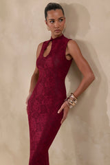 Ravissa | Burgundy Sheer Lace High-Neck Maxi Dress