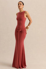 Cherine | Rust Round-Neck Maxi Dress With Gathered-Detailing And Sash