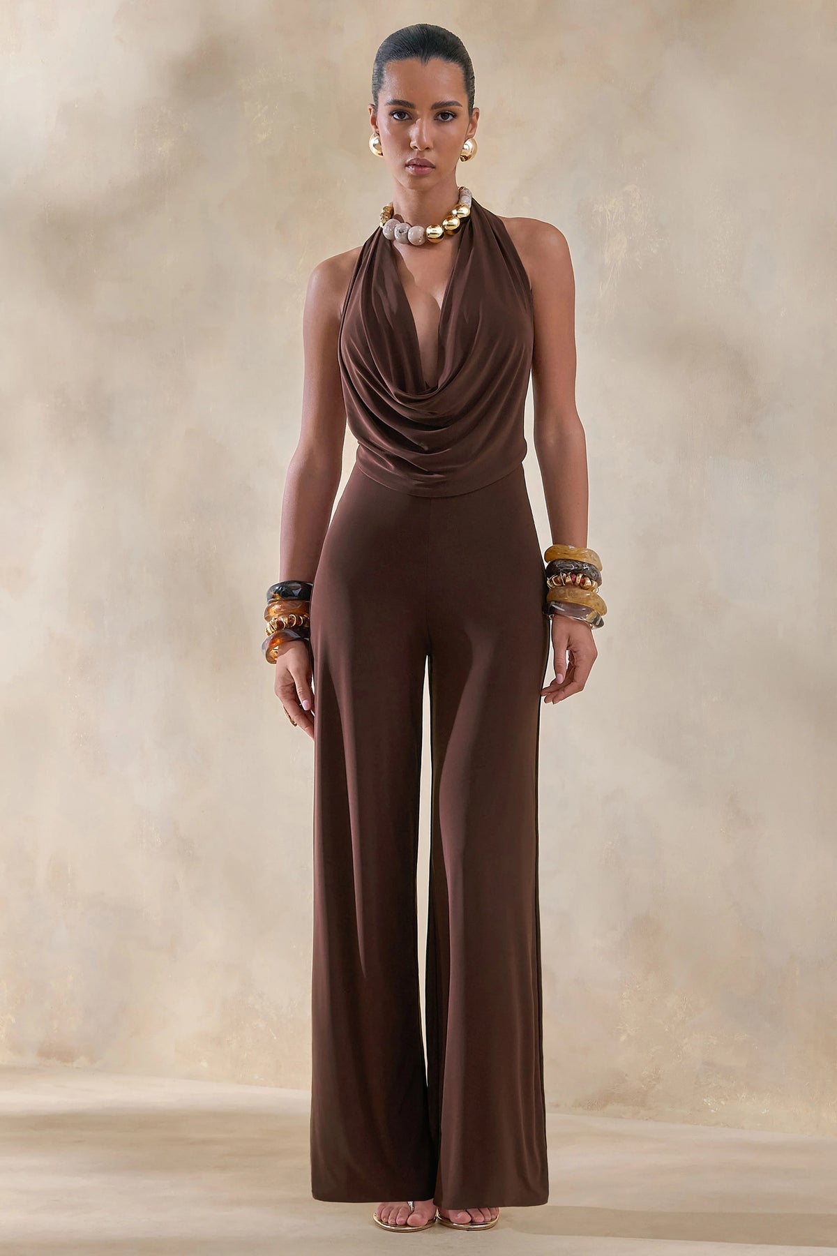 Clemence | Brown Plunge-Neck Jumpsuit
