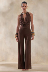 Clemence | Brown Plunge-Neck Jumpsuit