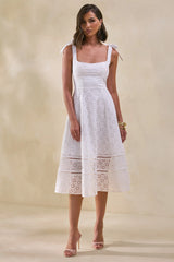 Veralia | White Broderie Square-Neck Midi-Dress With Bow-Sleeves