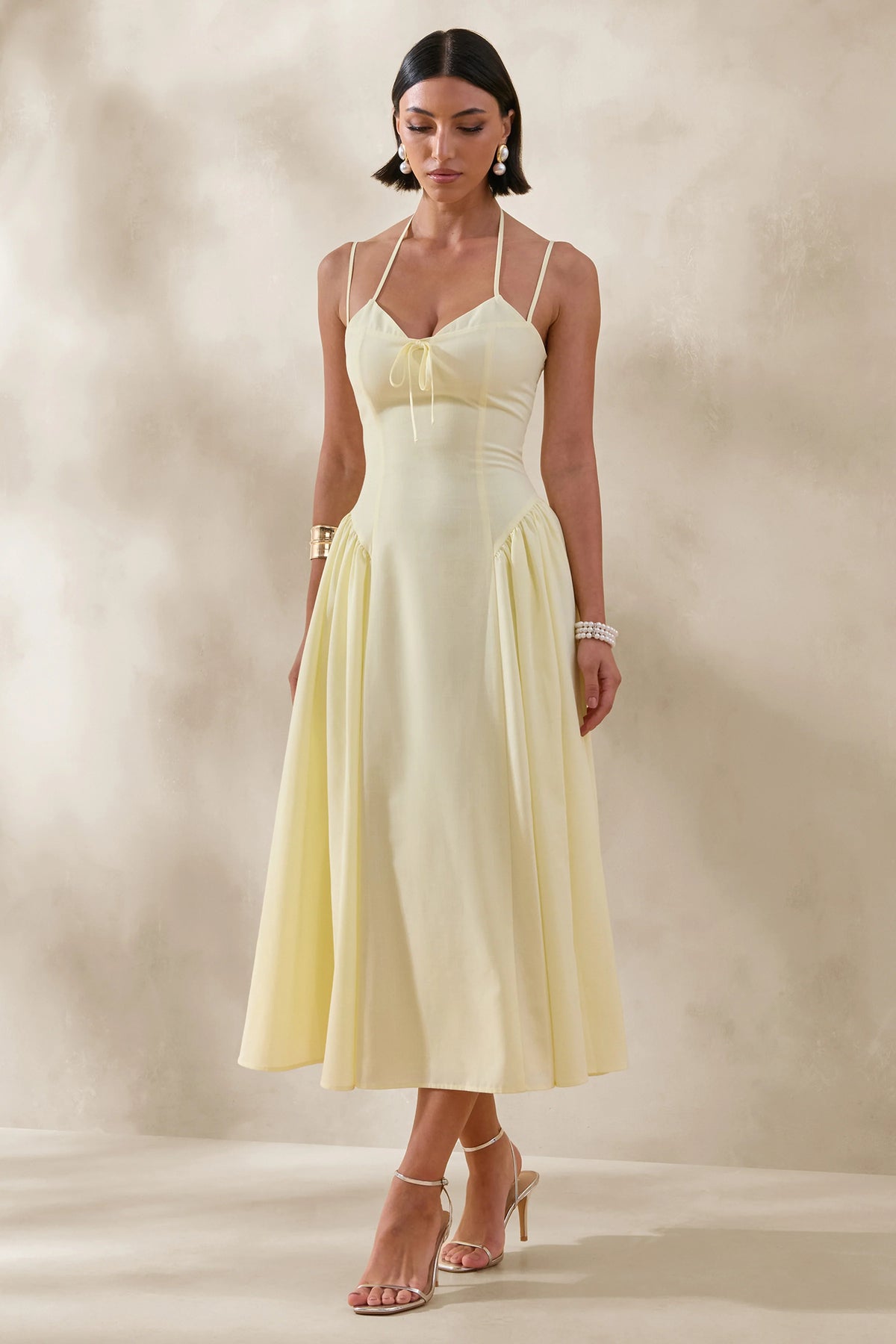 Audrey | Lemon Sweetheart-Neck Midi Dress With Ruching Detail