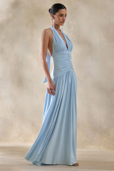 Bettina | Powder-Blue Plunge-Neck Maxi Dress With Gathered-Detailing