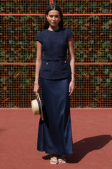 Whispera | Navy Crew-Neck Maxi Dress With Satin Skirt And Pocket-Details