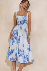 Lissa | Blue Floral Print Square-Neck Midi Dress