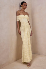 Aries | Lemon Lace Bardot-Neck Maxi Dress With Gathered Detailing