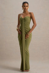 Ali | Olive Sweetheart Ruched Wrap Maxi Dress