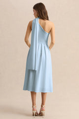 Odette | Powder Blue Asymmetric-Neck Midi Dress With Scarf