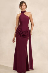 Aevina | Burgundy Satin Asymmetric-Neck Maxi Dress With Scarf-Detail