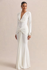 Palerma | White Draped Cowl-Neck Maxi-Dress With Gathered-Detailing