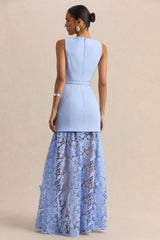 Verena | Powder Blue Boat-Neck Belted Maxi Dress With Lace Skirt