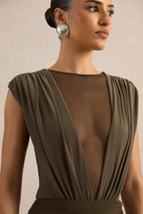 Kessia | Khaki Wide-Neck Thong Bodysuit With Mesh Detail