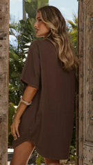 Maliha Button Up Mini Dress - Chocolate Denim