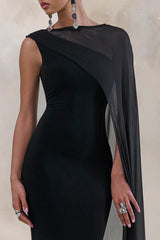 Caloria | Black Asymmetric-Neck Midi Dress With Mesh-Cape