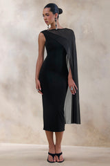Caloria | Black Asymmetric-Neck Midi Dress With Mesh-Cape